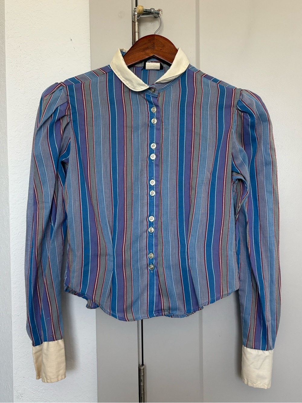 VINTAGE 1970S GAP STRIPED BLUE RED PETER PAN COLLAR PUFF SLEEVE BLOUSE WOMENS XS